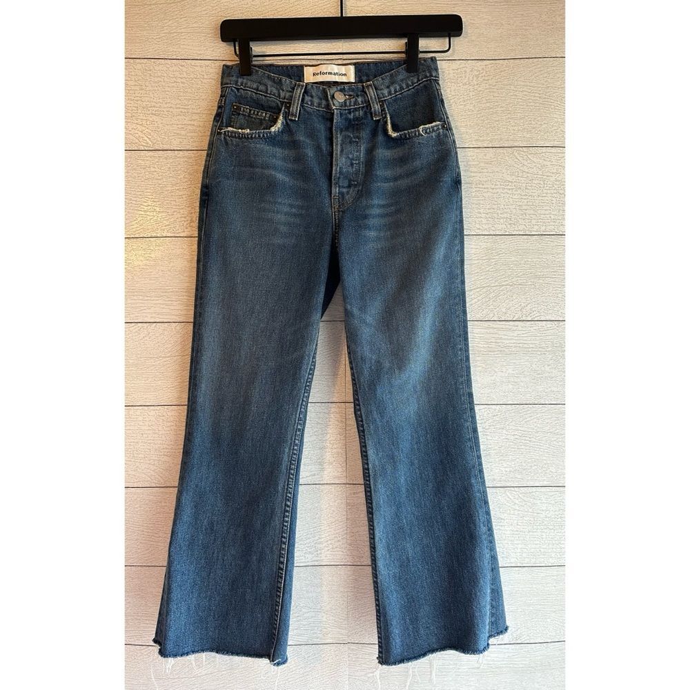 Reformation Mid-Rise Crop Flare Raw Hem Jeans In Baltic Size 23
